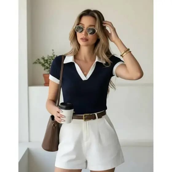 Blusa feminina gola polo bicolor malha ribana camisa básica