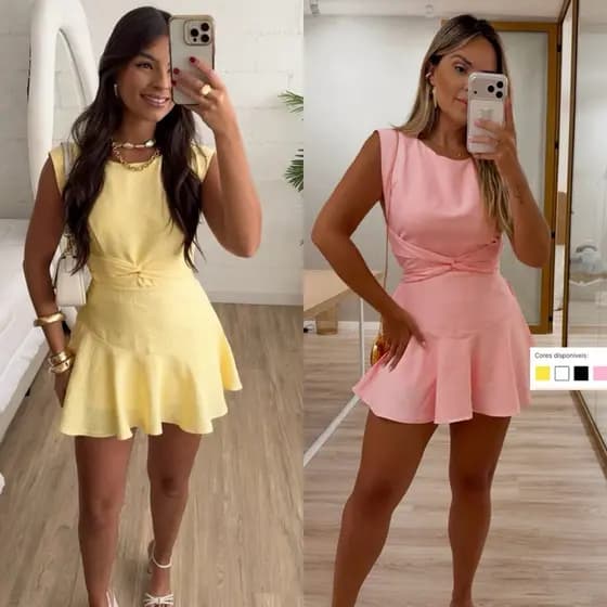 Vestido macaquinho feminino curto regata babado na saia com amarração