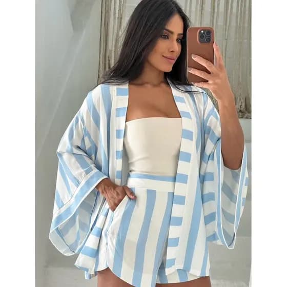 Conjunto feminino kimono + short listrado cintura alta verão conjunto praia