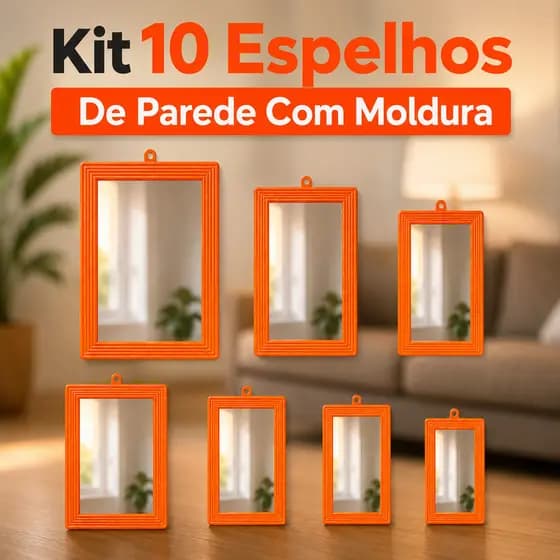 Kit 10 Espelhos Parede Moldura Laranja Banheiro Barbearia Salão Quarto Decorativo Resistente
