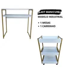 Bancada Mesa Manicure + Carrinho Auxiliar Kit Com Modelo Industrial