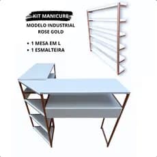 Kit Manicure Mesa em L Industrial Moderna com Expositor de Esmaltes Rose