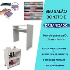 Kit Mesa Manicure + Carrinho auxiliar + Prateleira de Esmaltes + Apoio de punho Roxo