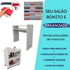 Kit Mesinha Manicure + Carrinho auxiliar + Expositor de Esmaltes + Apoio de punho Rosa