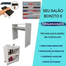 Kit Mesa Manicure + Carrinho auxiliar + Expositor de Esmaltes + Apoio de punho Preto