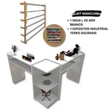 Kit Salão Manicure Mesa em L 100% MDF + Porta Esmaltes em Metalon Dourado