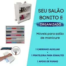 Kit Carrinho Auxiliar Manicure + Prateleira de Esmaltes + Apoio de Mão e Punho Branco