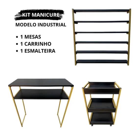 Kit de Mesa Manicure com Carrinho Auxiliar e Expositor de Esmaltes Industrial MDF Preto