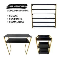 Kit de Mesa Manicure com Carrinho Auxiliar e Expositor de Esmaltes Industrial MDF Preto