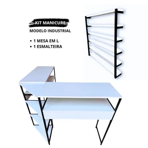 Kit Mesa Manicure em L Industrial Moderna com Expositor de Esmaltes Preto