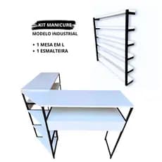 Kit Mesa Manicure em L Industrial Moderna com Expositor de Esmaltes Preto