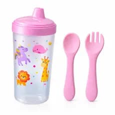 Kit Alimentação 3 Peças Bebê Copo Antivazamento + Talheres Silicone Garfo e Colher