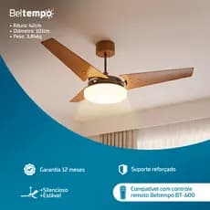 Ventilador de Teto Mira Beltempo Pás Madeira Nobre Imbuia Design Sofisticado Plafon LED Borda Infinita Turbo Silencioso