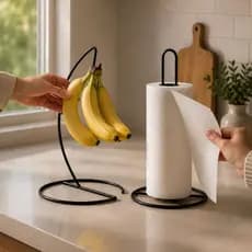 Kit Porta Papel Tolha de Rolo Suporte Banana Vertical de Mesa Fruteira Preto Cacho Gancho Pendurar