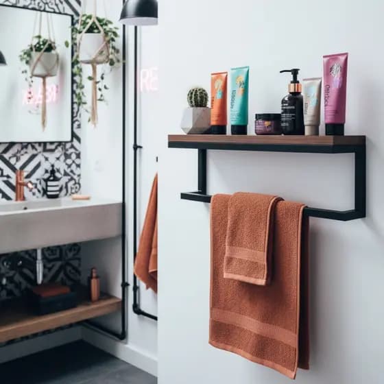 Porta Toalha De Rosto Com Prateleira de Parede Industrial Aço Preto para Banheiro Lavabo Moderno