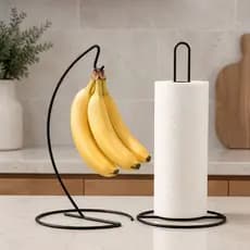 KIt Suporte Porta Rolo de Papel Toalha Vertical de Mesa Bancada Preto Pendurar Banana Cacho Fruteira