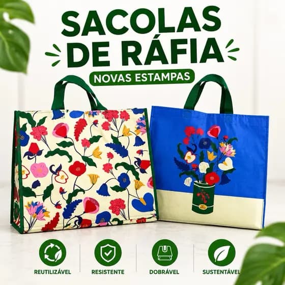 KIT com 3 Sacolas De Ráfia Ecológica Retornável Ecobag 3 Sacolas Grandes