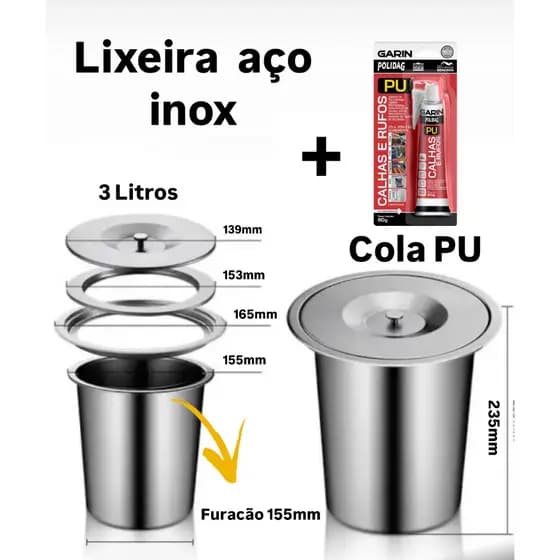 Lixeira de Embutir Inox Pia Gourmet 3 Litros + Cola PU Alta Fixação.