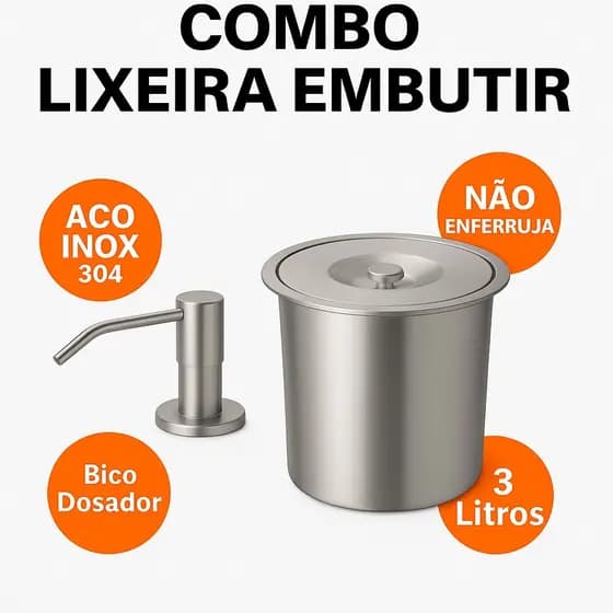 kit Dispenser Detergente Mais Lixeira Embutir Pia Granito Porta Sabonete Liquido Ambos Aço Inox