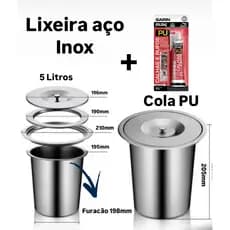 Lixeira de Embutir Inox Pia Gourmet 5 Litros + Cola PU Alta Fixação.