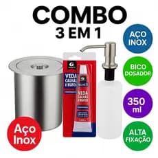 kit Dispenser Detergente + Lixeira Embutir Pia Granito + cola PU Aço Inox Premium