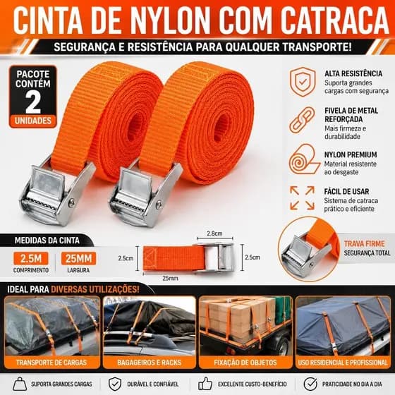 Cinta com Catraca Reforçada 2,5m x 25mm Kit 2 Unidades Fixação de Cargas e Bagagens