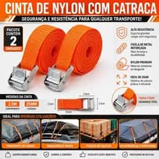 Cinta com Catraca Reforçada 2,5m x 25mm Kit 2 Unidades Fixação de Cargas e Bagagens