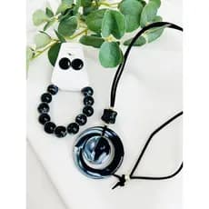 Kit Colar de Resina Preto Pulseira Brincos Feminino Elegância Estilo