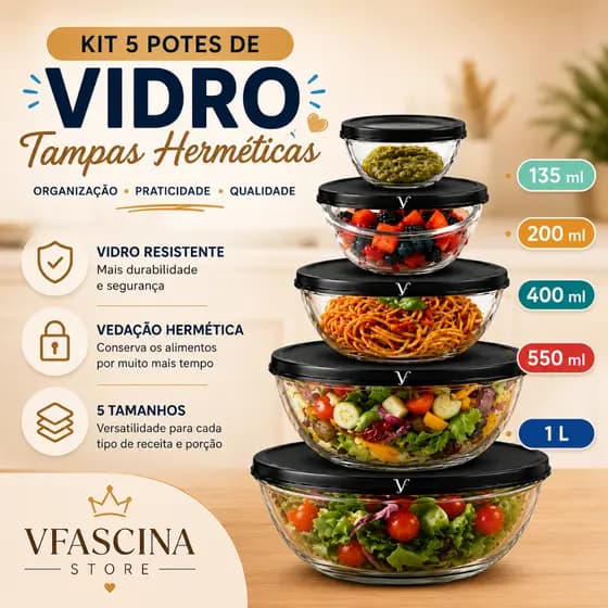 Kit 5 Potes Vidro Hermético com Tampa Organização Cozinha Geladeira Mantimentos