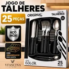 Jogo de Talheres 25 Peças Aço Inox Cabo Preto Organizador Para Gaveta Cozinha