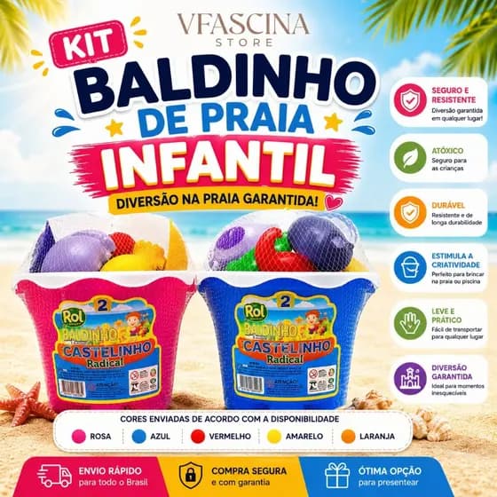 Baldinho de Praia Infantil Colorido Brinquedo de Areia para Crianças Praia Piscina Lazer