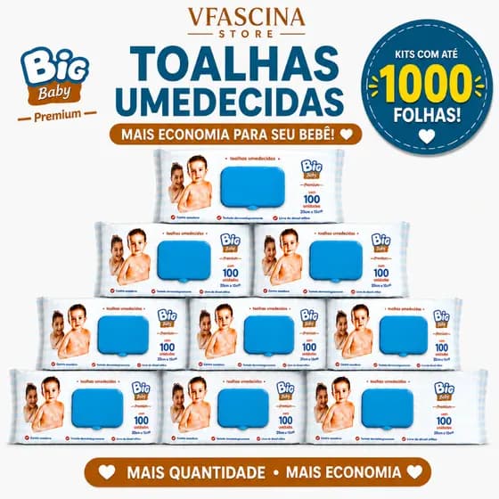Lenço Umedecido Big Baby Kit 200 500 1000 Folhas 2 5 10 Pacotes