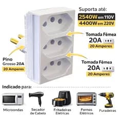 Adaptador Tomada 3 Saídas 20A Ilumi Padrão Brasileiro 2P+T Monobloco