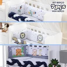 Kit Mini berço menino com trança lençol edredom mosquiteiro Leão Safari Marinho Astronauta7 peças