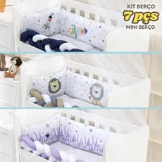 Kit Mini berço menino menina 7 peças com trança protetora Leão Safari Astronauta Lavanda Nuvem Rosa
