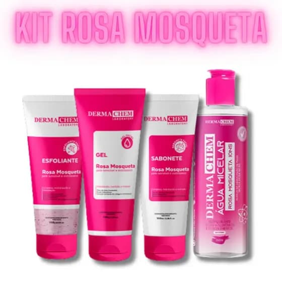 Kit Skincare Rosa Mosqueta Pele Secas e Extra Secas Sabonete Esfoliante Gel Hidratante Água Micelar Demaquilante
