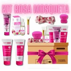 Kit Limpeza de Pele Completo Rosa Mosqueta Sabonete Esfoliante Faixa de Cabelo Máscara Peel Off Sérum Esponja Polvinho
