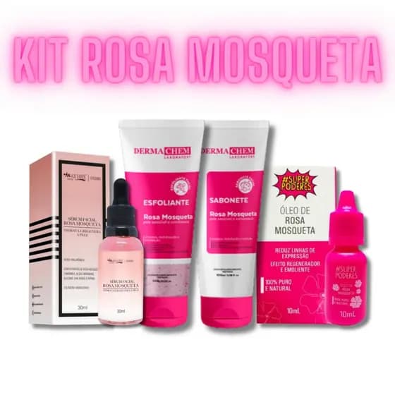 Kit Skincare Rosa Mosqueta Pele Secas e Extra Secas Sabonete Esfoliante Sérum e Óleo Puro