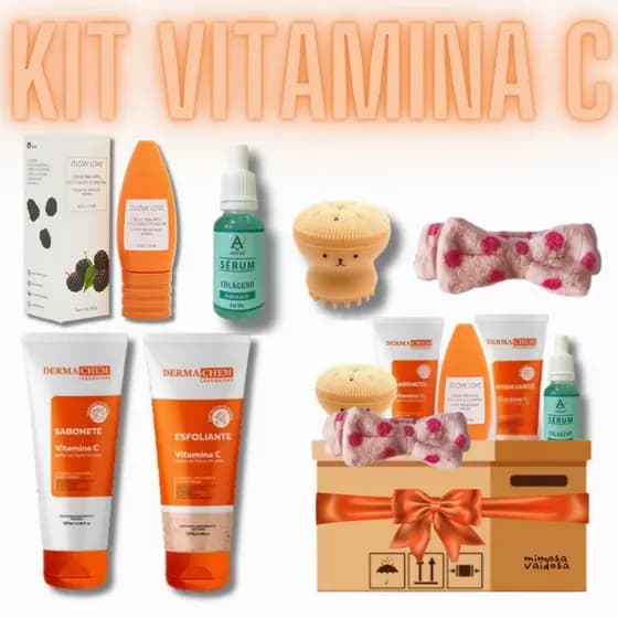 Kit Skincare Vitamina C Sabonete Esfoliante Sérum Máscara Facial Peel Off Ouro e Argila Branca Hidratante Esponja