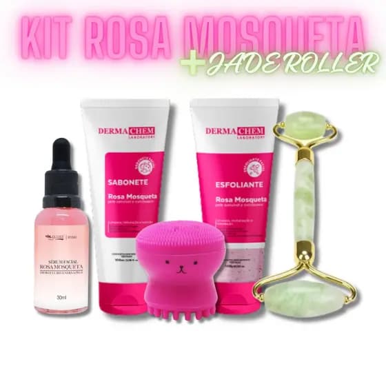 Kit Skincare Rosa Mosqueta Ultra Hidratante Sabonete Esfoliante Sérum Esponja e Jade Roller