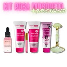 Kit Skincare Rosa Mosqueta Ultra Hidratante Sabonete Esfoliante Sérum Máscara Peel Off Argila Rosa Pincel e Jade Roller