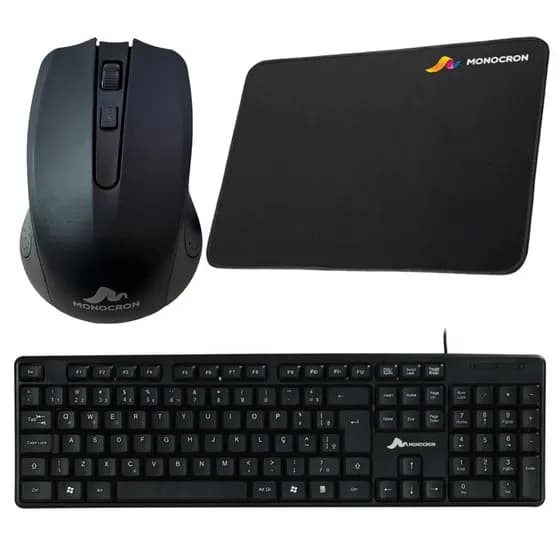 Kit Mouse Sem Fio e Teclado Com Fio + Mouse Pad Monocron