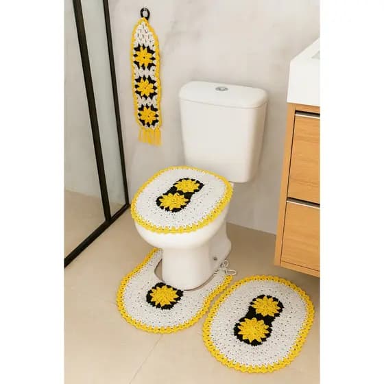 Jogo de Banheiro Croche 4 peças Bordado com porta papel