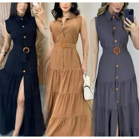 VESTIDO LONGO MODA EVANGÉLICA FEMININO DUNA FORRADO COM CINTO E BOTÕES