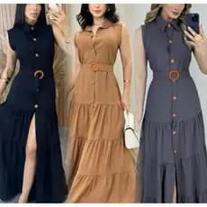 VESTIDO LONGO MODA EVANGÉLICA FEMININO DUNA FORRADO COM CINTO E BOTÕES