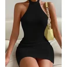 Vestido Feminino Slim Fit Canelado Gola Cabresto