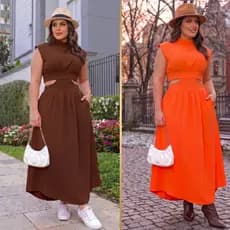 Vestido  longo Midi Acinturado com Recorte Vazado e Bolsos Práticos Fechamento em Zíper Roupa Feminina Premium  duna
