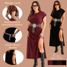 Vestido kits Longo Feminino Casual Viscolycra com Fenda e Bolsos Laterais – Manga Curta, Gola Redonda, Moda Confortável