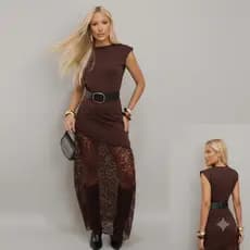 Vestido Longo Feminino Tendência Moda 2026 Elegante com Drapeado e Renda Forro Duplo Sofisticado Moda Chique