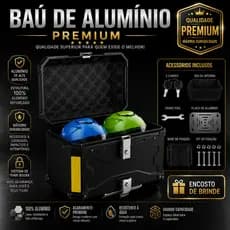 BAU DE MOTO TRASEIRO 55 LITROS UNIVERSAL ALUMINIO ANTI-ROUBO PRETO REFORÇADO ORIGINAL LANÇAMENTO